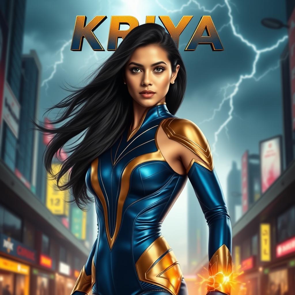 A captivating 27-year-old Indian woman with stunning features and long, flowing black hair, showcasing her thunder superpowers as she stands in a powerful pose