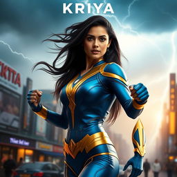 A captivating 27-year-old Indian woman with stunning features and long, flowing black hair, showcasing her thunder superpowers as she stands in a powerful pose