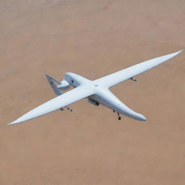 An Iranian drone soaring in the sky, highlighting intricate design, advanced technology, and striking features equipped for surveillance or defense