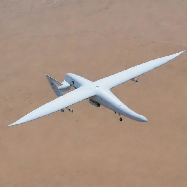 An Iranian drone soaring in the sky, highlighting intricate design, advanced technology, and striking features equipped for surveillance or defense