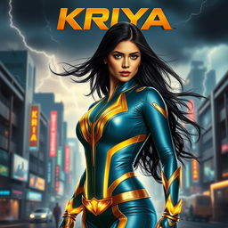 A captivating 27-year-old Indian woman with stunning features and long, flowing black hair, showcasing her thunder superpowers as she stands in a powerful pose