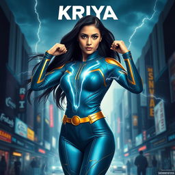 A captivating 27-year-old Indian woman with stunning features and long, flowing black hair, showcasing her thunder superpowers as she stands in a powerful pose