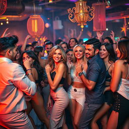 A dynamic and energetic scene depicting a lively party atmosphere with multiple adult figures engaged in flirtatious interactions