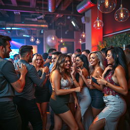 A dynamic and energetic scene depicting a lively party atmosphere with multiple adult figures engaged in flirtatious interactions