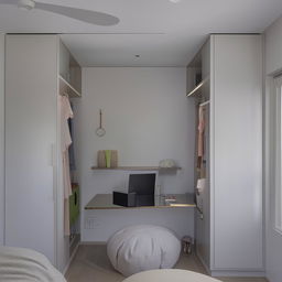 A well-organized 12x12 bedroom featuring a spacious wardrobe, a compact study table, and an inviting showcase.