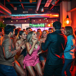 A dynamic and energetic scene depicting a lively party atmosphere with multiple adult figures engaged in flirtatious interactions