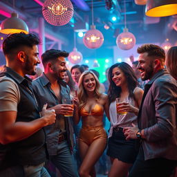 A dynamic and energetic scene depicting a lively party atmosphere with multiple adult figures engaged in flirtatious interactions