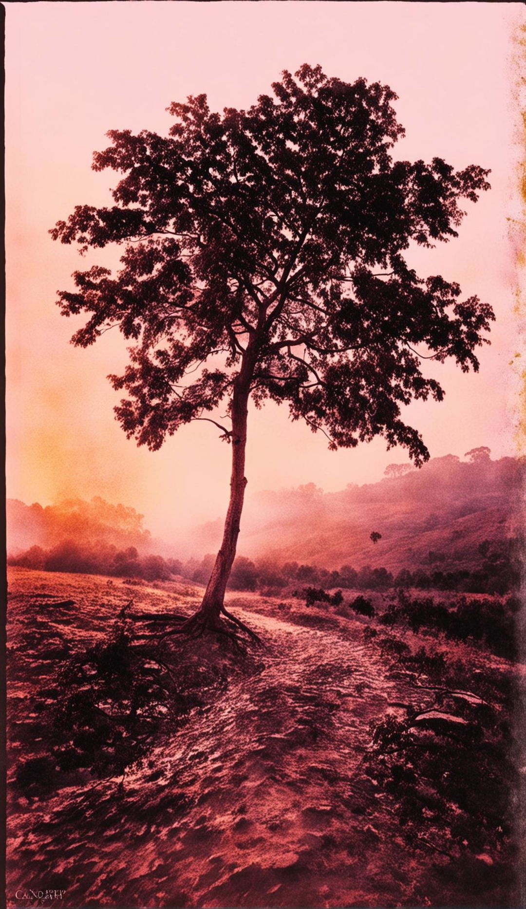 A raw photograph by Margaret Cameron capturing a serene landscape at sunset with a solitary tree in the foreground and rolling hills in the distance.