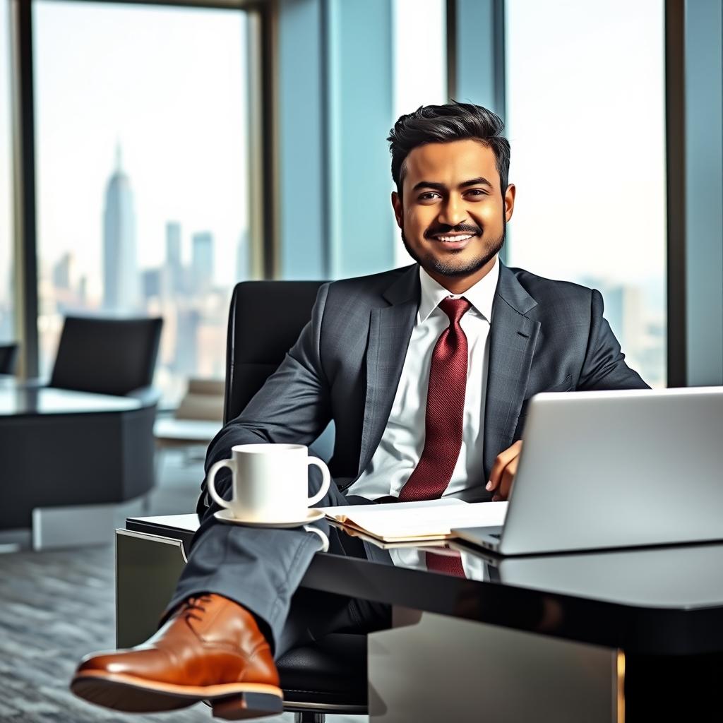 A confident South Asian businessman in an elegant office setting, wearing a tailored suit and polished shoes, showcasing leadership qualities