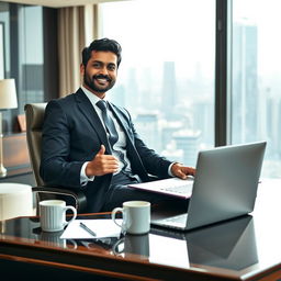 A confident South Asian businessman in an elegant office setting, wearing a tailored suit and polished shoes, showcasing leadership qualities