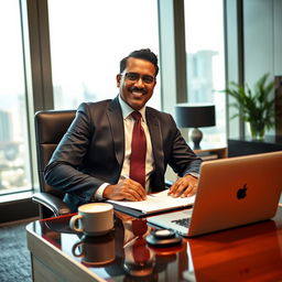 A confident South Asian businessman in an elegant office setting, wearing a tailored suit and polished shoes, showcasing leadership qualities