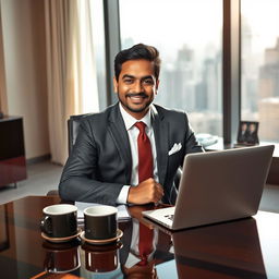 A confident South Asian businessman in an elegant office setting, wearing a tailored suit and polished shoes, showcasing leadership qualities