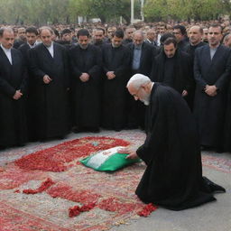 A respectful depiction of a public mourning for a significant figure in Iran, reflecting a nation in grief and solemnity