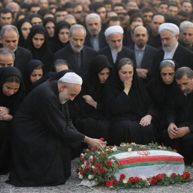 A respectful depiction of a public mourning for a significant figure in Iran, reflecting a nation in grief and solemnity