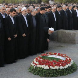 A respectful depiction of a public mourning for a significant figure in Iran, reflecting a nation in grief and solemnity