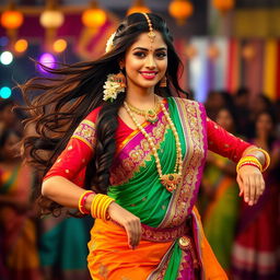 A stunning desi dancer in traditional attire, showcasing vibrant colors and intricate designs