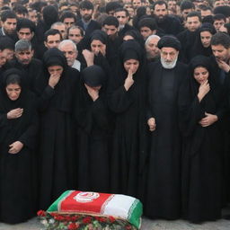 A respectful depiction of a public mourning for a significant figure in Iran, reflecting a nation in grief and solemnity