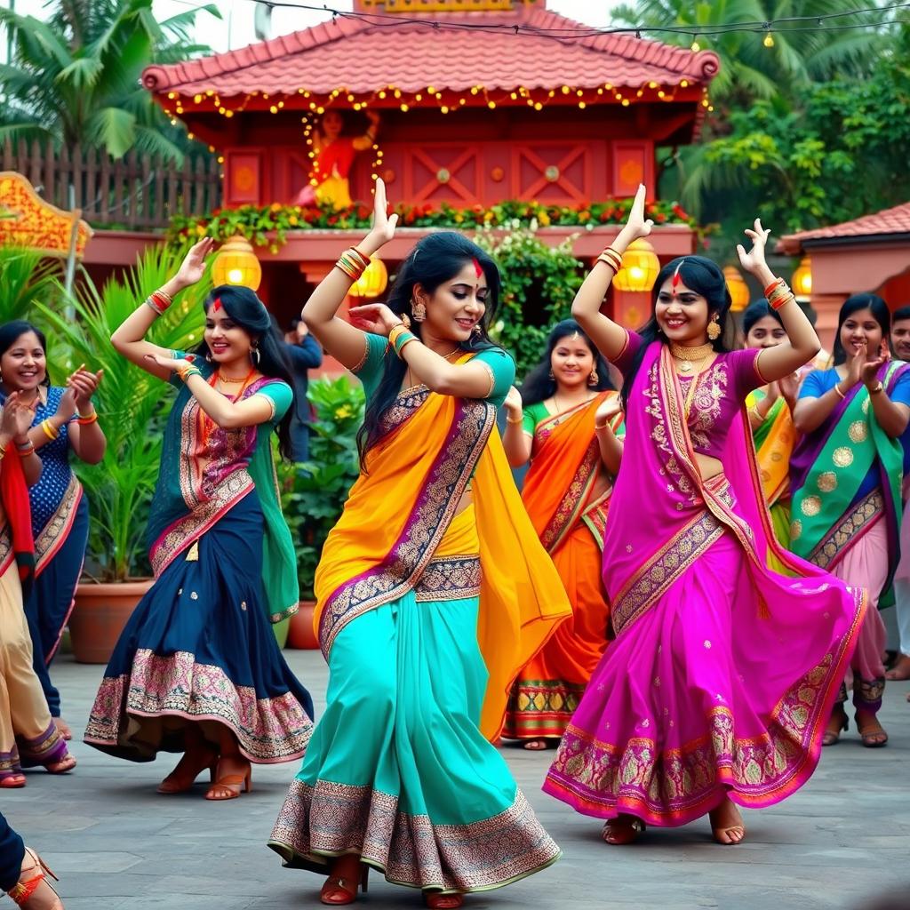 A vibrant and energetic scene depicting a group of dancers performing a traditional Bollywood dance