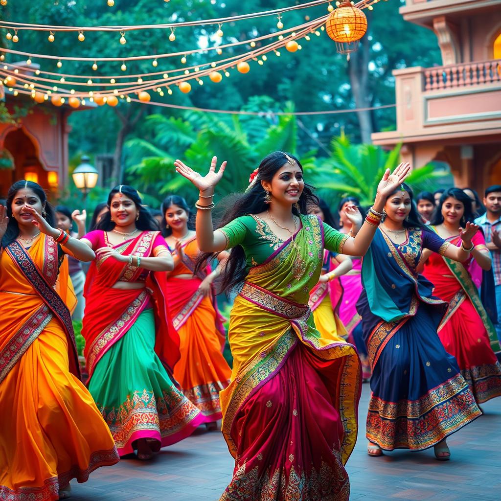 A vibrant and energetic scene depicting a group of dancers performing a traditional Bollywood dance