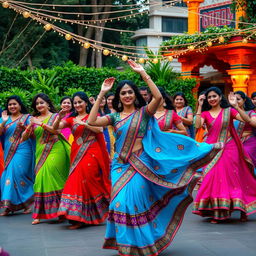 A vibrant and energetic scene depicting a group of dancers performing a traditional Bollywood dance