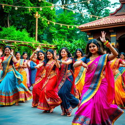 A vibrant and energetic scene depicting a group of dancers performing a traditional Bollywood dance