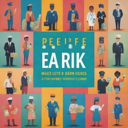 Design a vibrant book cover showcasing diverse individuals in various job roles. The title is 'How People Earn: A Journey Through Careers'. Show people engaging in various professions with symbols of money integrated into the design.