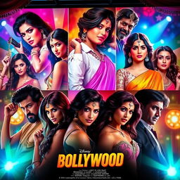 A collection of glamorous Bollywood movie posters featuring popular actors and actresses in vibrant colors, showcasing dramatic poses, captivating expressions, and elaborate costumes