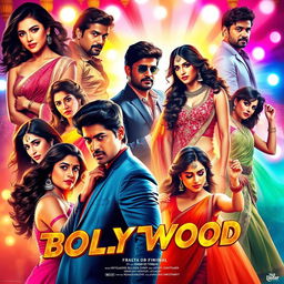 A collection of glamorous Bollywood movie posters featuring popular actors and actresses in vibrant colors, showcasing dramatic poses, captivating expressions, and elaborate costumes