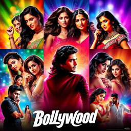 A collection of glamorous Bollywood movie posters featuring popular actors and actresses in vibrant colors, showcasing dramatic poses, captivating expressions, and elaborate costumes