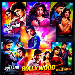 A collection of glamorous Bollywood movie posters featuring popular actors and actresses in vibrant colors, showcasing dramatic poses, captivating expressions, and elaborate costumes