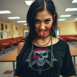 A close-up shot of a gorgeous female with black hair, wearing a black shirt featuring a faded logo of a skull wearing a red bandana mask