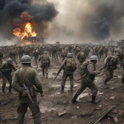 An imagined scene from a third world war, capturing the intensity, chaos and repercussions but also elements of human resilience, bravery and unity