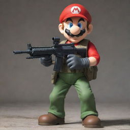 Mario from the Super Mario series clad in tactical special forces combat gear, equipped with high-tech gadgets and weaponry.