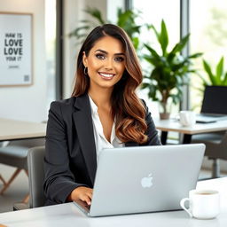 A stylish office scene featuring an attractive woman in professional attire, sitting at a modern desk with a laptop, surrounded by appealing decor