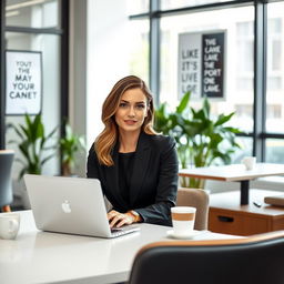 A stylish office scene featuring an attractive woman in professional attire, sitting at a modern desk with a laptop, surrounded by appealing decor