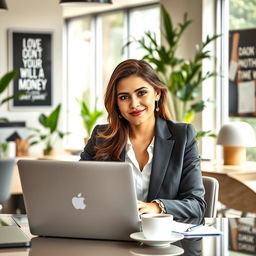 A stylish office scene featuring an attractive woman in professional attire, sitting at a modern desk with a laptop, surrounded by appealing decor