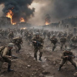 An imagined scene from a third world war, capturing the intensity, chaos and repercussions but also elements of human resilience, bravery and unity