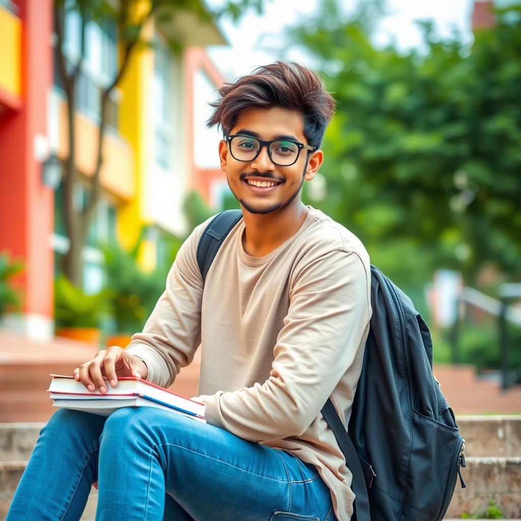 A beautiful portrait of a South Asian student, showcasing a confident and attractive individual in a vibrant college setting