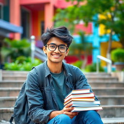 A beautiful portrait of a South Asian student, showcasing a confident and attractive individual in a vibrant college setting