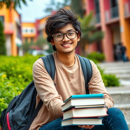 A beautiful portrait of a South Asian student, showcasing a confident and attractive individual in a vibrant college setting