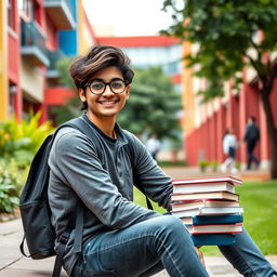 A beautiful portrait of a South Asian student, showcasing a confident and attractive individual in a vibrant college setting