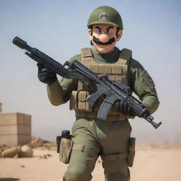 Mario from the Super Mario series clad in tactical special forces combat gear, equipped with high-tech gadgets and weaponry.