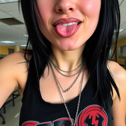 A close-up shot of a gorgeous female with striking black hair and a black tank top featuring a faded colorful band logo