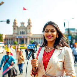 A vibrant and dynamic scene featuring a South Asian female news reporter on location, holding a microphone, dressed in professional attire