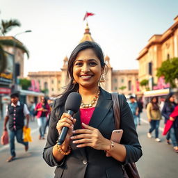 A vibrant and dynamic scene featuring a South Asian female news reporter on location, holding a microphone, dressed in professional attire