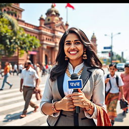 A vibrant and dynamic scene featuring a South Asian female news reporter on location, holding a microphone, dressed in professional attire