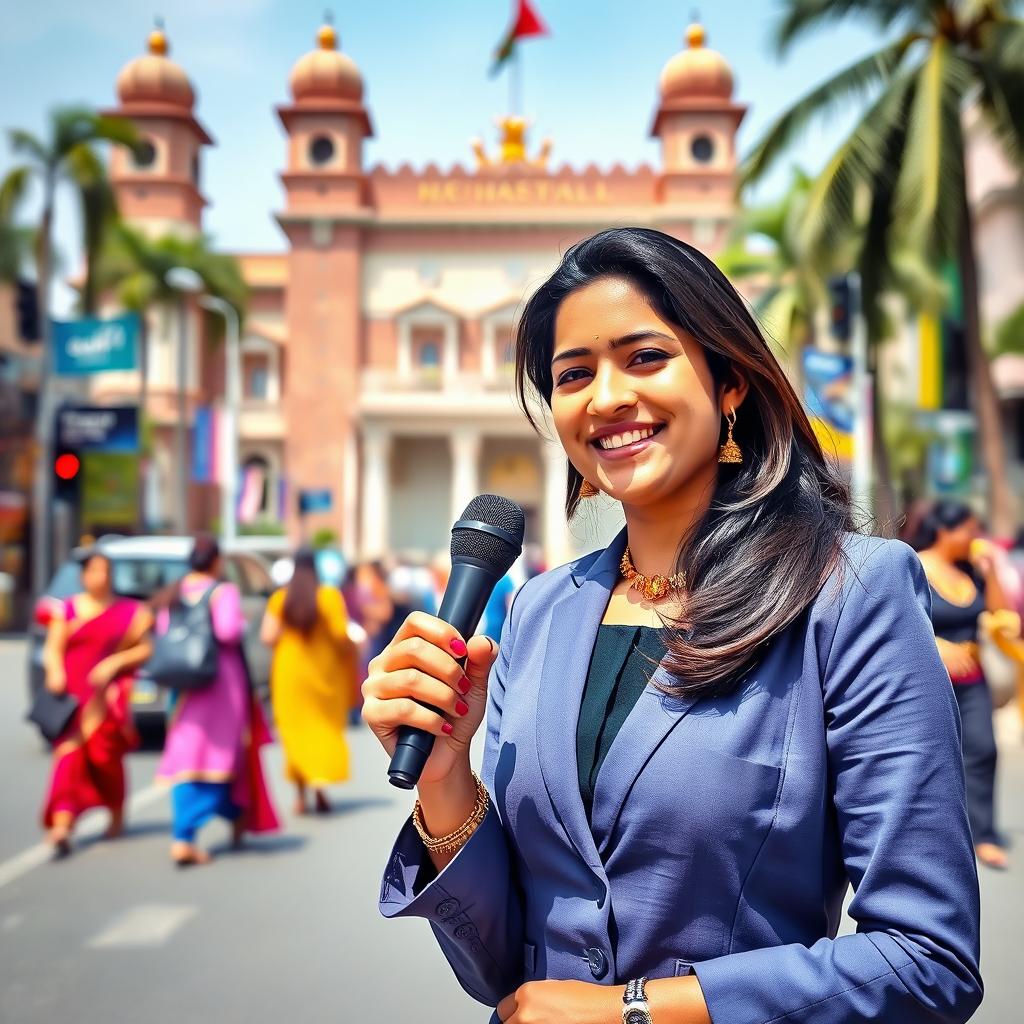 A vibrant and dynamic scene featuring a South Asian female news reporter on location, holding a microphone, dressed in professional attire