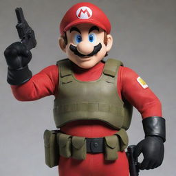 Mario from the Super Mario series clad in tactical special forces combat gear, equipped with high-tech gadgets and weaponry.