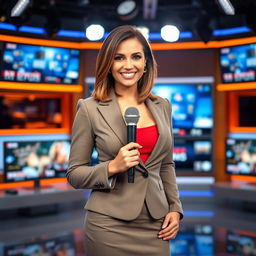 A confident news reporter with big boobs, wearing a stylish, form-fitting blazer and a pencil skirt, standing in front of a modern newsroom set