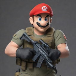 Mario from the Super Mario series clad in tactical special forces combat gear, equipped with high-tech gadgets and weaponry.